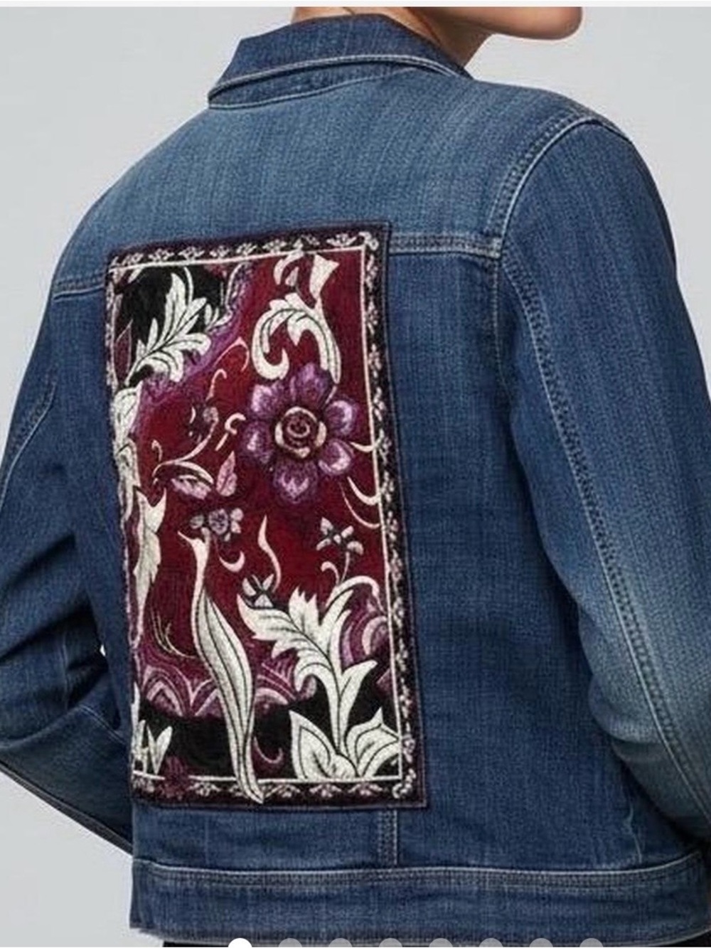 Chicos Blue Denim Jacket with Burgundy Floral Back Patch